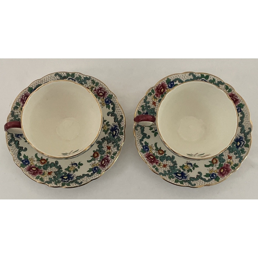 Vintage Royal Cauldon Victoria 2 Cups & Saucers Scalloped 22k Gold Edging Floral - Picture 8 of 16